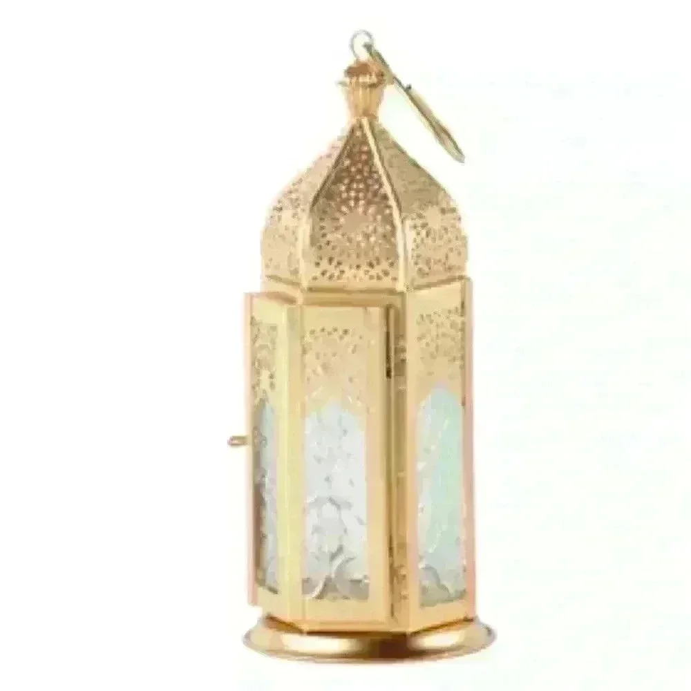Handmade Medium Metal and Etched Glass Tea Light Hanging Lantern in Classic Gold